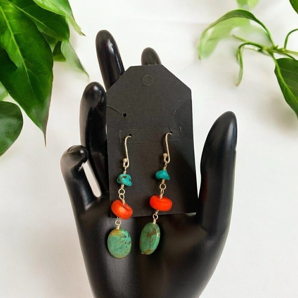 Vintage Southwest Turquoise Coral Silver Stone Earrings